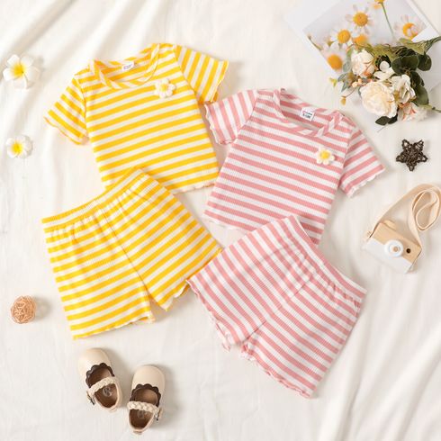 2pcs Baby Girl 3D Flower Design Striped Ribbed Short-sleeve Top and Shorts Set
