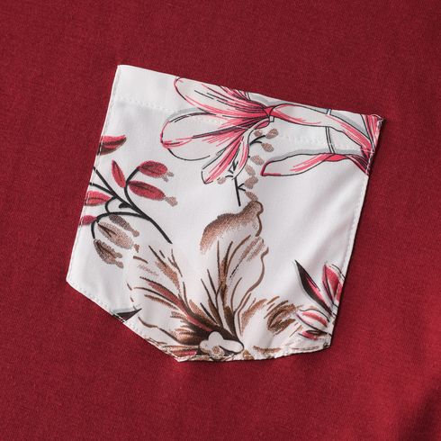 Family Matching Solid V Neck Button Up Spaghetti Strap Splicing Floral Print Dresses and Short-sleeve T-shirts Sets WineRed big image 13