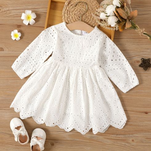 Baby Girl 95% Cotton Long-sleeve Hollow Floral Embroidered Out Dress