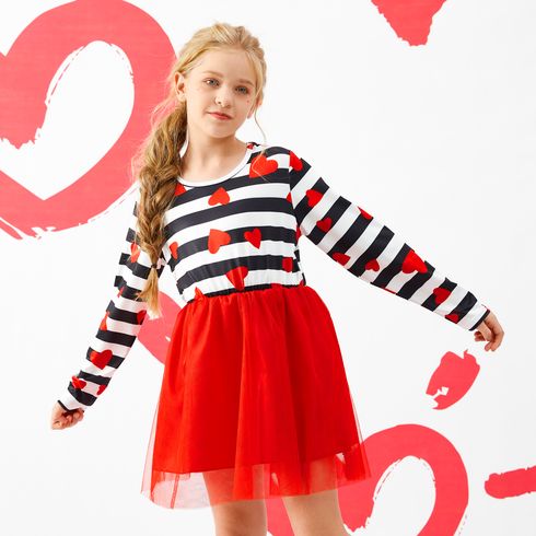 Kid Girl Heart Print Stripe Mesh Splice Long-sleeve Dress