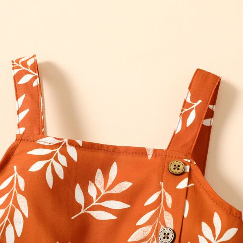 Toddler Girl Leaf Print Button Design Strap Romper Brown big image 3