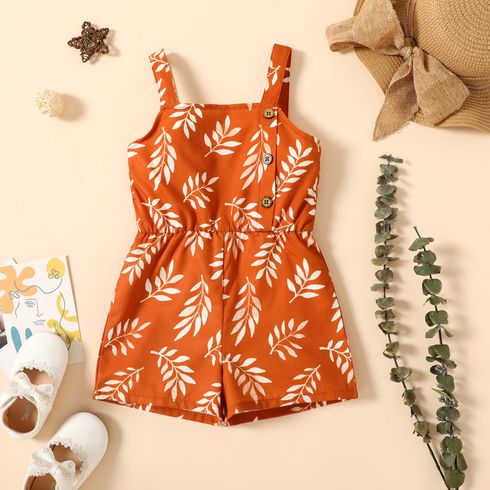 Toddler Girl Leaf Print Button Design Strap Romper Brown big image 1
