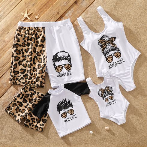 Family Mtching Characters and Letter Print Leopard Swim Trunks Shorts and One-Piece Swimsuit