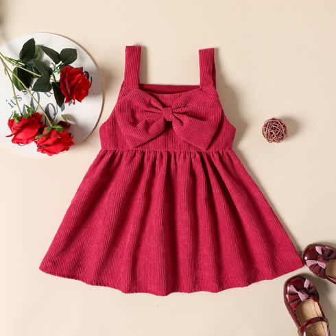 Solid Corduroy Bow Decor Sleeveless Red or Pink or Yellow Baby Tank Dress