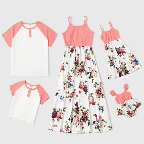 Family Matching Pink Spaghetti Strap Splicing Floral Print Midi Dresses and Raglan-sleeve T-shirts Sets