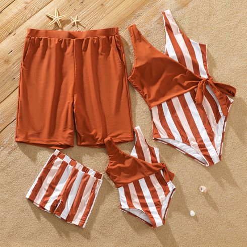 Family Matching Solid Striped Swim Trunks Shorts and Splicing One-Piece Swimsuit