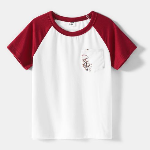Family Matching Solid V Neck Button Up Spaghetti Strap Splicing Floral Print Dresses and Short-sleeve T-shirts Sets WineRed big image 14