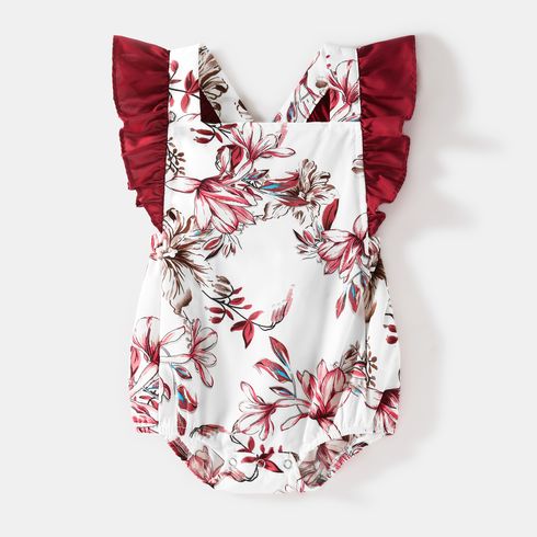 Family Matching Solid V Neck Button Up Spaghetti Strap Splicing Floral Print Dresses and Short-sleeve T-shirts Sets WineRed big image 8