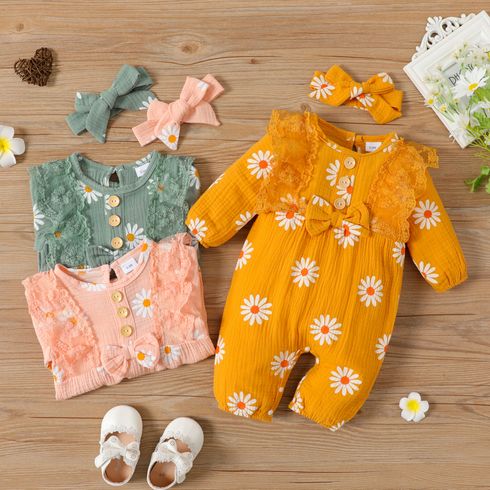 100% Cotton Crepe 2pcs Baby Girl Daisy Floral Print Lace Bowknot Long-sleeve Jumpsuit Set