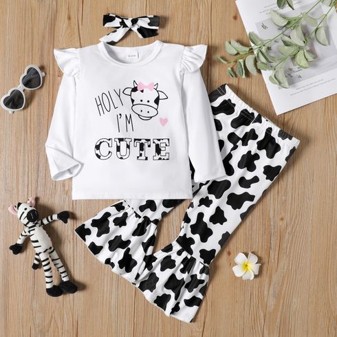 2-piece Toddler Girl Ruffled Letter Cow Print Long-sleeve White Tee and Flared Pants Set