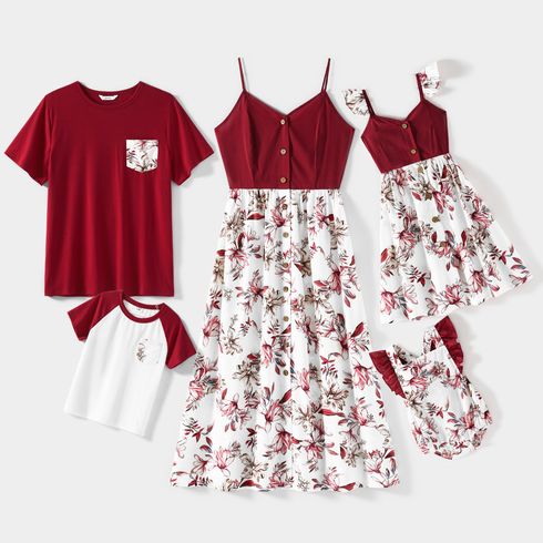 Family Matching Solid V Neck Button Up Spaghetti Strap Splicing Floral Print Dresses and Short-sleeve T-shirts Sets