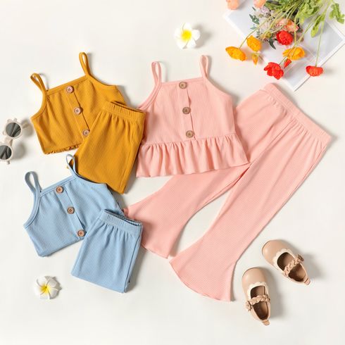 2-piece Toddler Girl Button Design Ruffle Camisole and Elasticized Ribbed Flared Pants Set