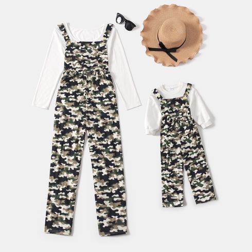 Camouflage Print Army Green Sleeveless Suspender Jumpsuit Overalls for Mom and Me