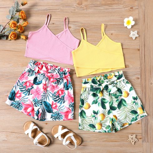 2-piece Kid Girl Solid Color Ribbed Camisole and Floral Print Shorts Set