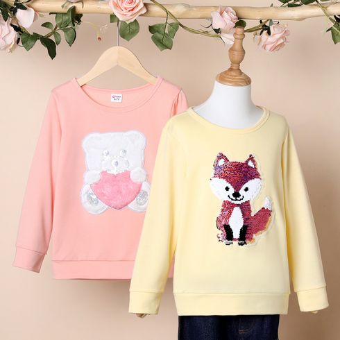Kid Girl Fox Flip Sequin/Bear Embroidered Pullover Sweatshirt