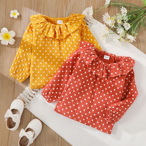 Toddler Girl 100% Cotton Polka dots Flounced Collar Long-sleeve Blouse