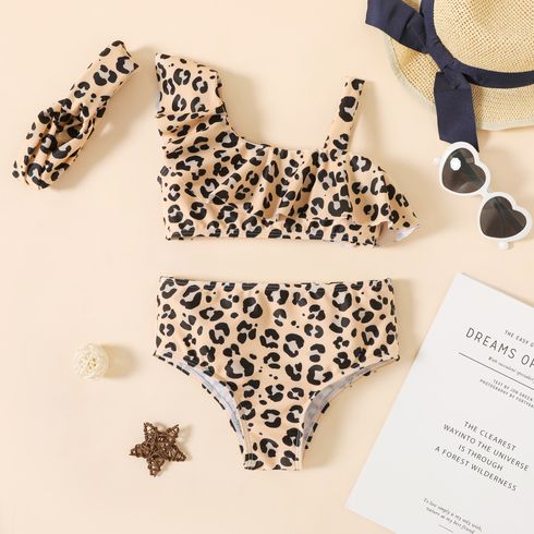 3-piece Toddler Girl Leopard Print Ruffled Strap Top, Briefs and Headband Swimsuit Set