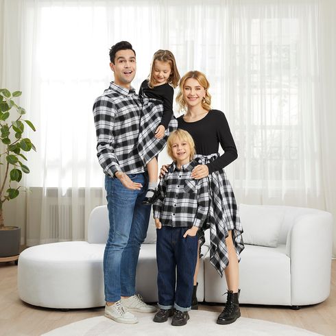 Family Matching Long-sleeve Plaid Splicing Dresses and Shirts Sets Black/White big image 2