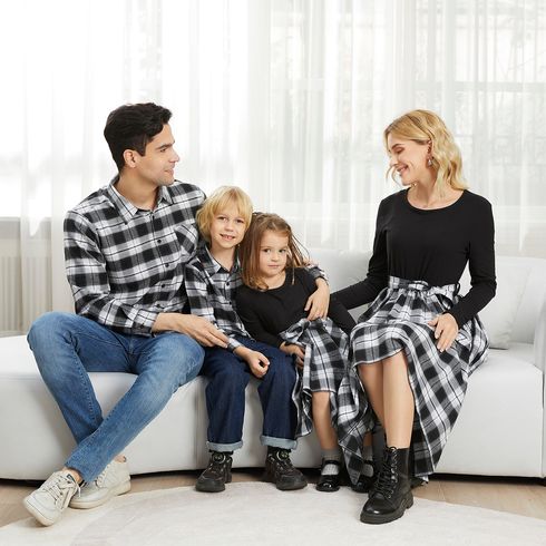 Family Matching Long-sleeve Plaid Splicing Dresses and Shirts Sets Black/White big image 3