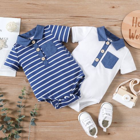 Baby Boy White/Blue Striped Contrast Collar Short-sleeve Romper