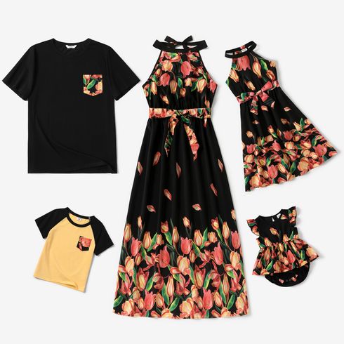 Family Matching Tulip Floral Print Black Halter Neck Off Shoulder Sleeveless Dresses and Short-sleeve Cotton T-shirts Sets