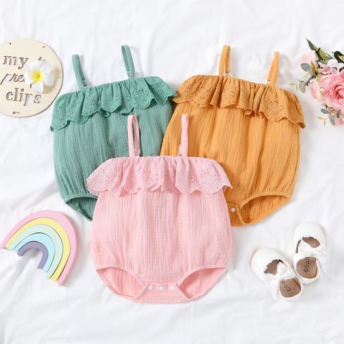 Baby Girl 100% Cotton Crepe Sleeveless Spaghetti Strap Ruffle Romper