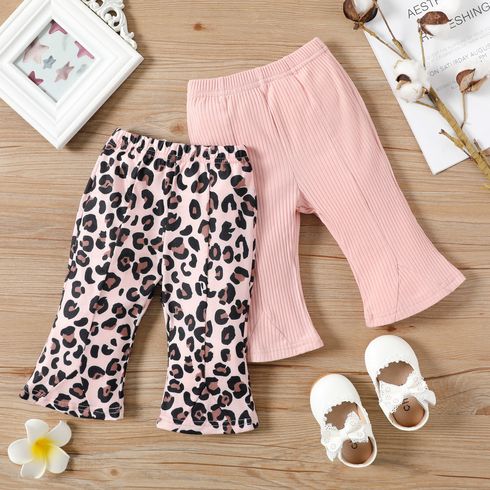 Baby Girl Leopard/Solid Ribbed Elasticized Flared Pants