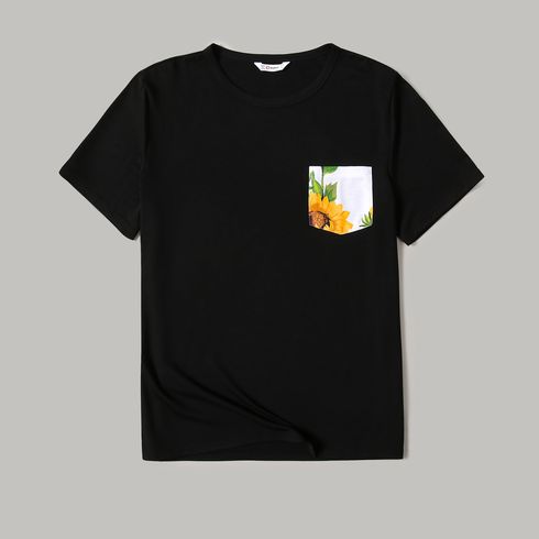 Family Matching Solid Spaghetti Strap Splicing Sunflower Floral Print Dresses and Short-sleeve T-shirts Sets ColorBlock big image 10