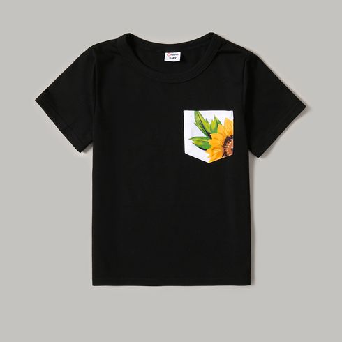 Family Matching Solid Spaghetti Strap Splicing Sunflower Floral Print Dresses and Short-sleeve T-shirts Sets ColorBlock big image 12