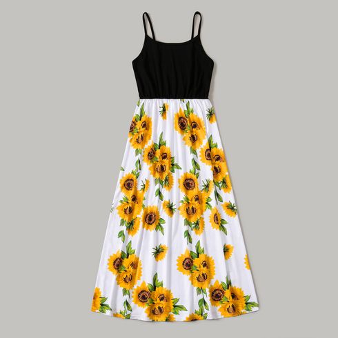 Family Matching Solid Spaghetti Strap Splicing Sunflower Floral Print Dresses and Short-sleeve T-shirts Sets ColorBlock big image 2