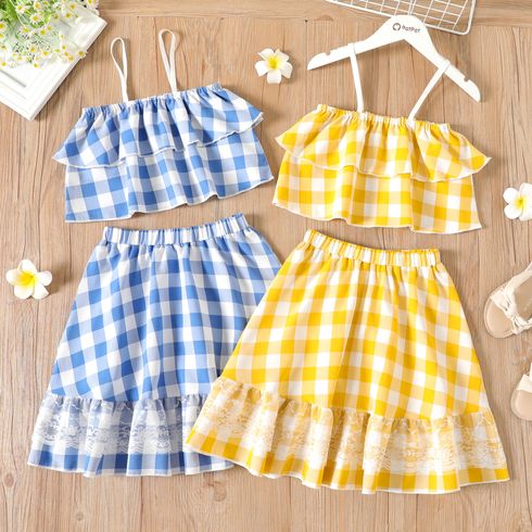 2-piece Kid Girl Plaid Flounce Camisole and Lace Design Elasticized Skirt Set