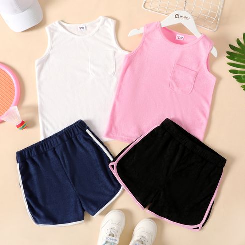 2-piece Kid Girl Solid Color Sleeveless Terrycloth Tee and Elasticized Dolphin Shorts Set