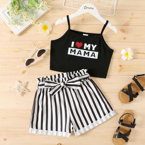 Mother's Day 2-piece Kid Girl Letter Print Black Camisole and Belted Stripe Shorts Set