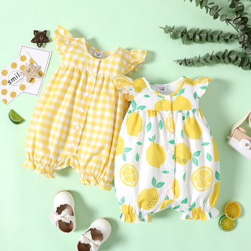 Baby Girl Allover Yellow Plaid/Lemon Print Flutter-sleeve Snap Romper