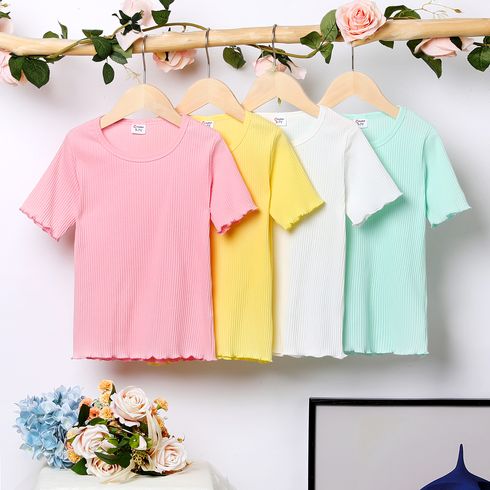 Kid Girl Solid Color Ribbed Lettuce Trim Short-sleeve Tee