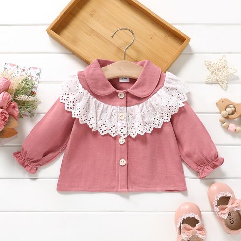 100% Cotton Baby Girl Lace Design Pink Peter Pan Collar Button Up Long-sleeve Shirt