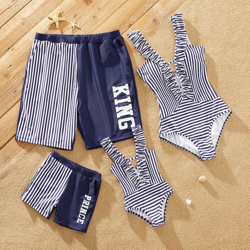 Family Matching Letter Print Splicing Striped Swim Trunks Shorts and Ruffle One-Piece Swimsuit