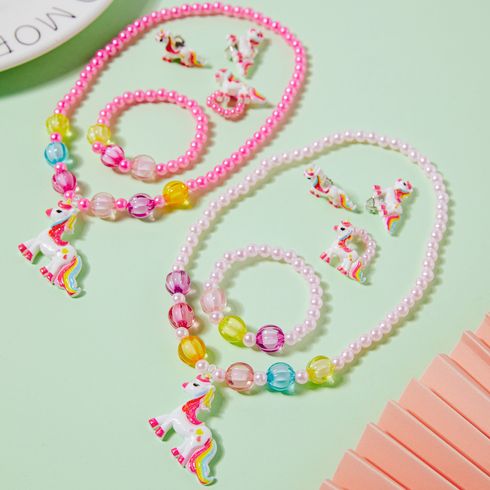 5-pack Toddler Cartoon Unicorn Pendant Beaded Necklace Ring Ear Cuff and Beaded Bracelet Jewelry Set for Girls