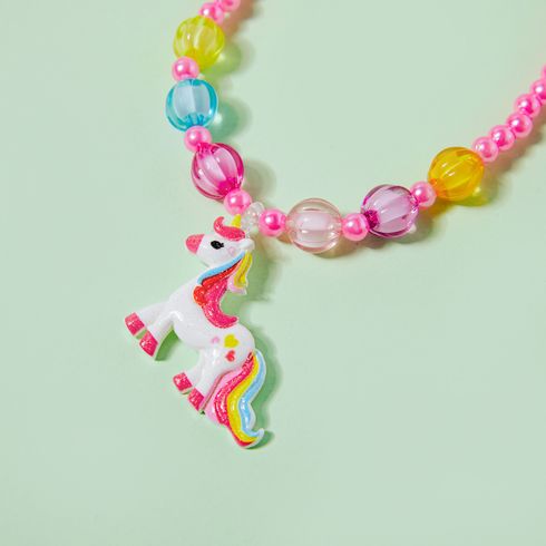 5-pack Toddler Cartoon Unicorn Pendant Beaded Necklace Ring Ear Cuff and Beaded Bracelet Jewelry Set for Girls Dark Pink big image 3