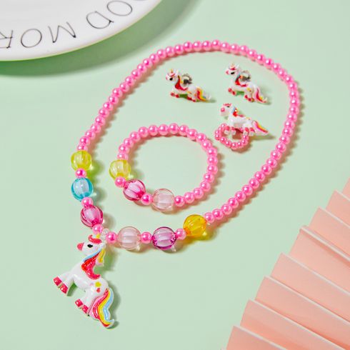 5-pack Toddler Cartoon Unicorn Pendant Beaded Necklace Ring Ear Cuff and Beaded Bracelet Jewelry Set for Girls Dark Pink big image 1