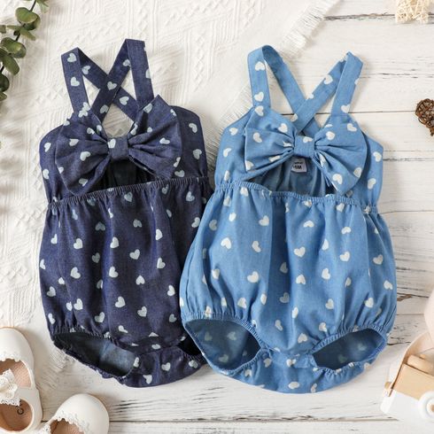 Baby Girl All Over Love Heart Print Imitation Denim Bowknot Hollow out Sleeveless Romper