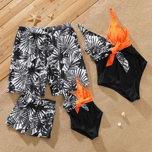 Family Matching Allover Plants Print Swim Trunks Shorts and Colorblock Spaghetti Strap One-Piece Swimsuit