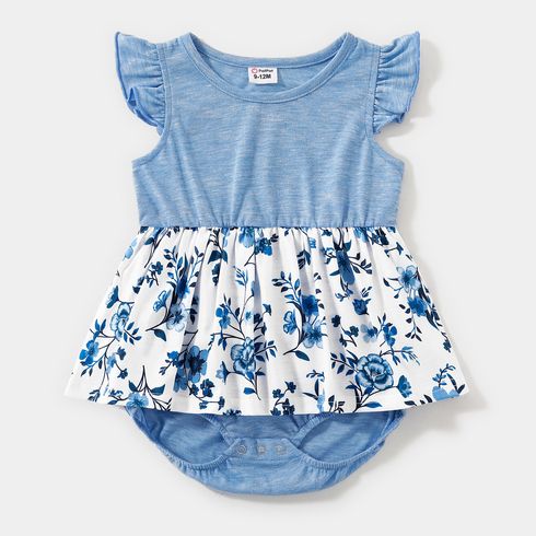 Family Matching Light Blue V Neck Flutter-sleeve Splicing Floral Print Irregular Hem Dresses and Striped T-shirts Sets Light Blue big image 10