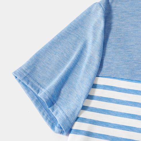 Family Matching Light Blue V Neck Flutter-sleeve Splicing Floral Print Irregular Hem Dresses and Striped T-shirts Sets Light Blue big image 14