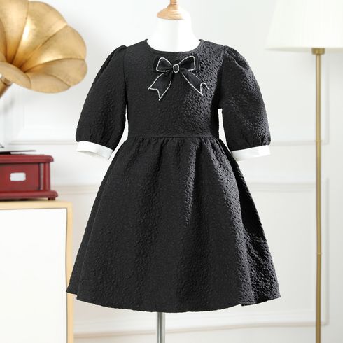 Kid Girl Bowknot Design Textured Solid Color Half-sleeve Elegant Dress