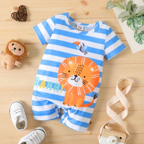 Baby Boy Cartoon Lion Print Blue Striped Short-sleeve Romper