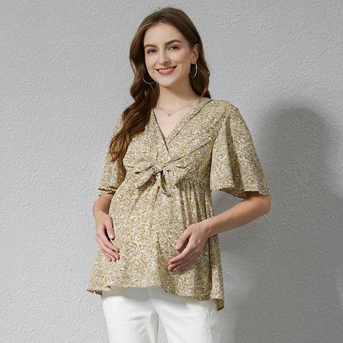 Nursing Allover Floral Print Short-sleeve Knot Front Shirt