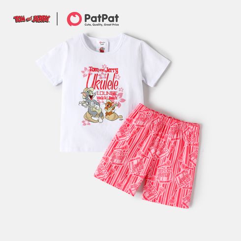 Tom and Jerry 2pcs Toddler Girl Letter Floral Print Short-sleeve Cotton Tee and Pink Stripe Shorts Set