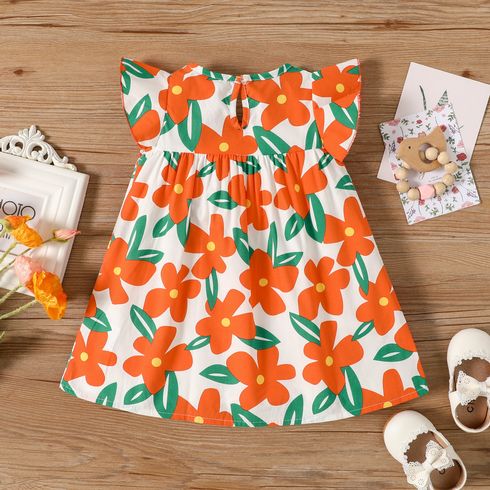 100% Cotton Baby Girl All Over Floral Print Flutter-sleeve Dress Orange big image 2