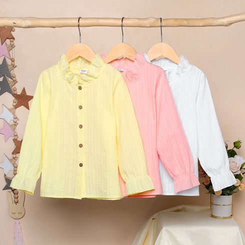 Kid Girl Ruffled Doll Collar Solid Color Button Design Long-sleeve Blouse